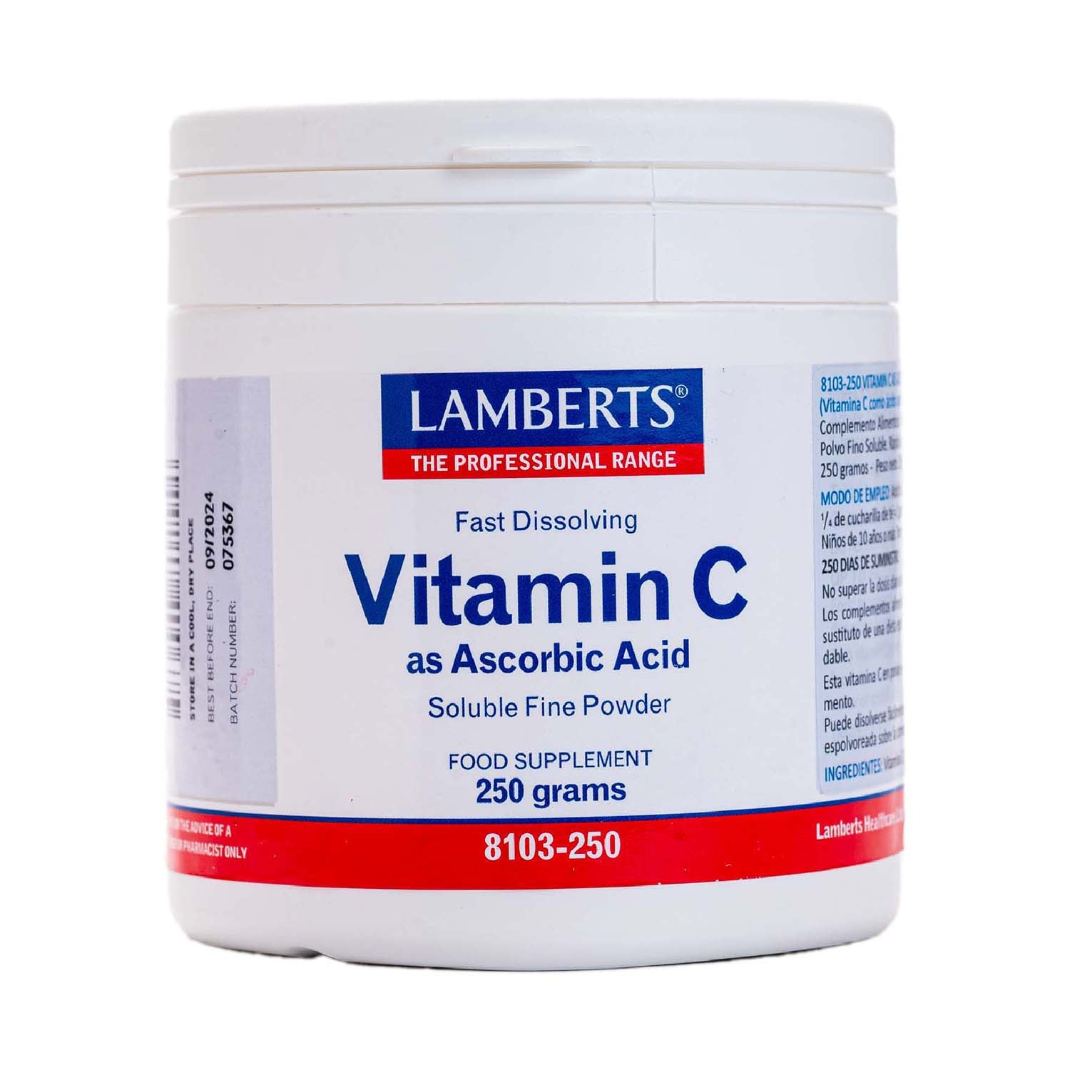 Vitamina C con Ácido Ascórbico en Polvo 250g Lamberts