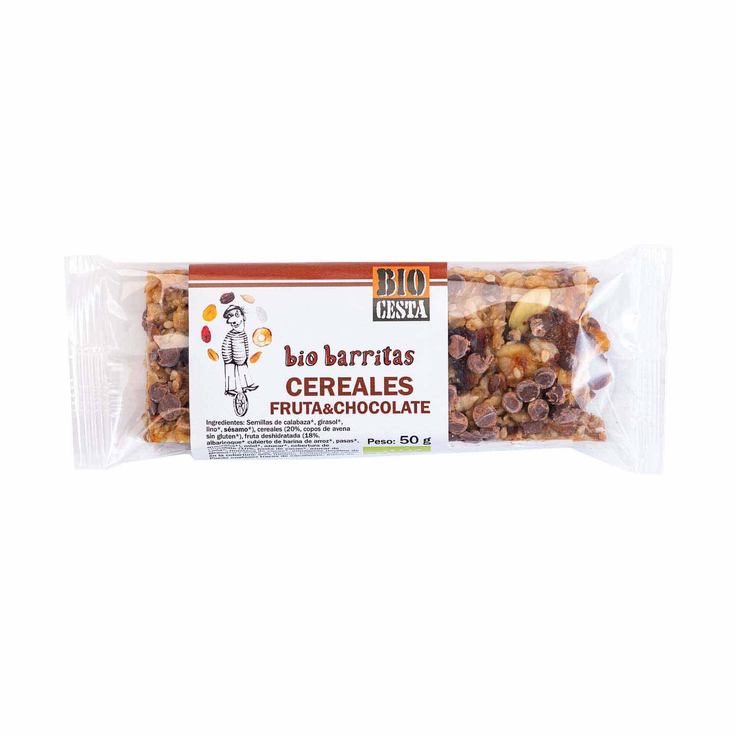 Barrita de cereales con fruta y chocolate