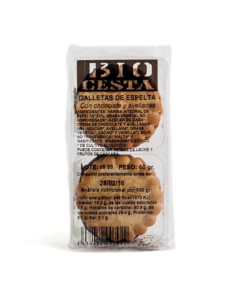Galleta espelta chocolate y avellanas 60gr Bio Cesta