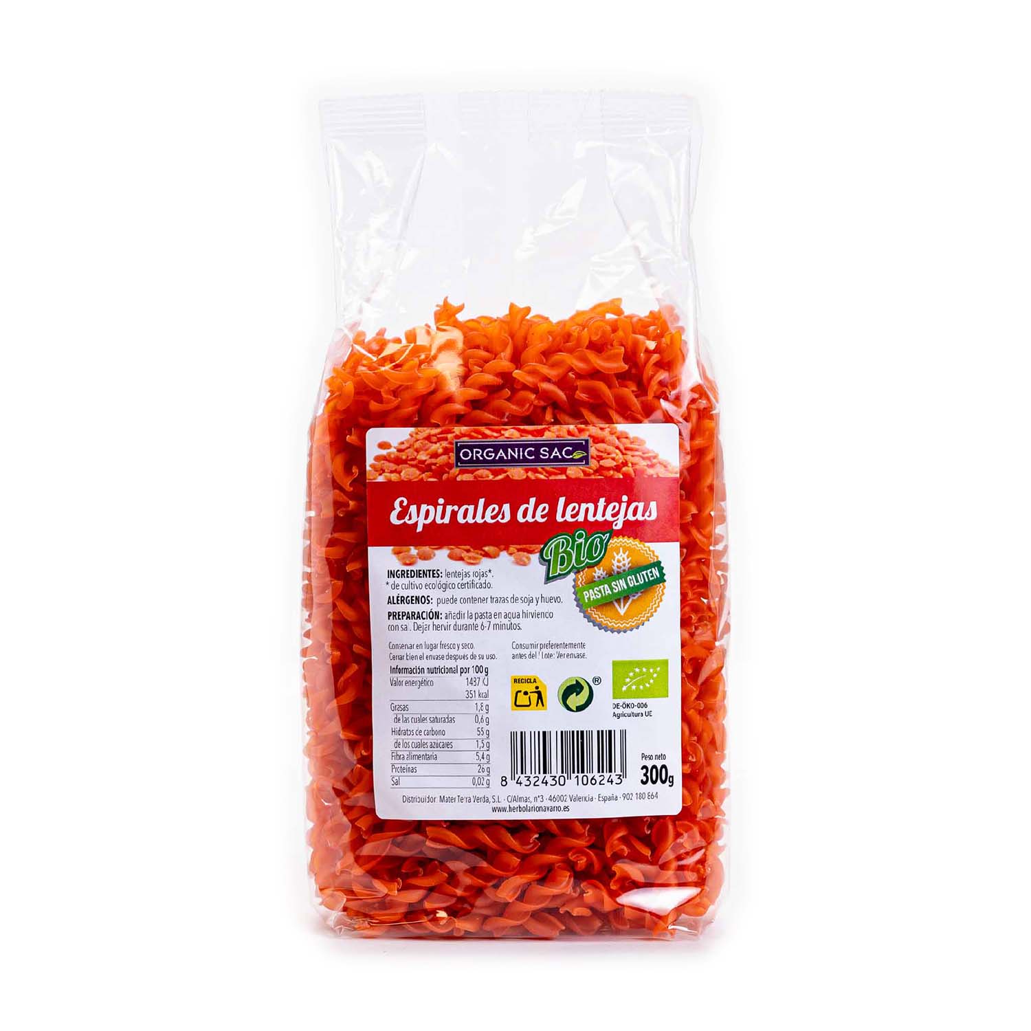 Bio espirales de lentejas 300g Organic Sac