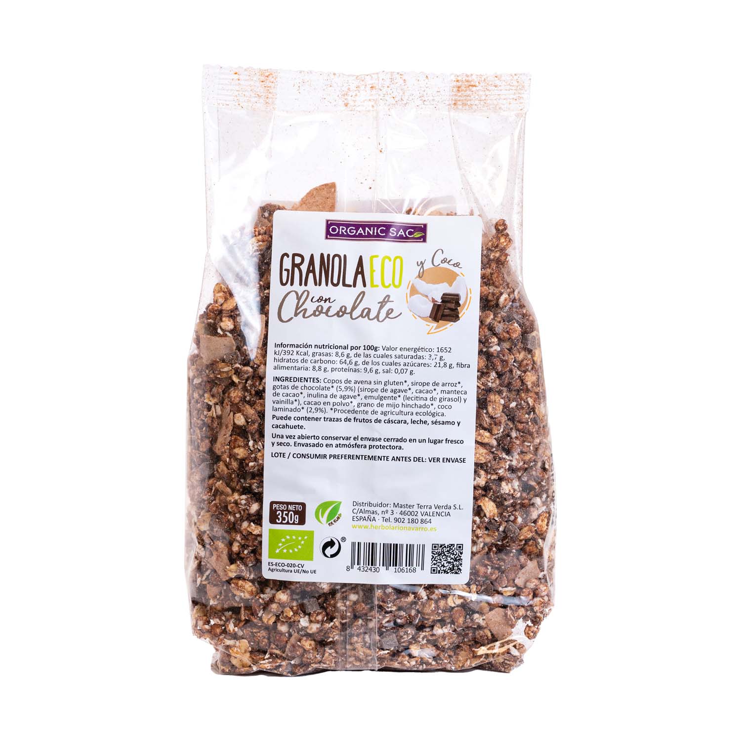 Bio granola de chocolate y coco 350g Organic Sac