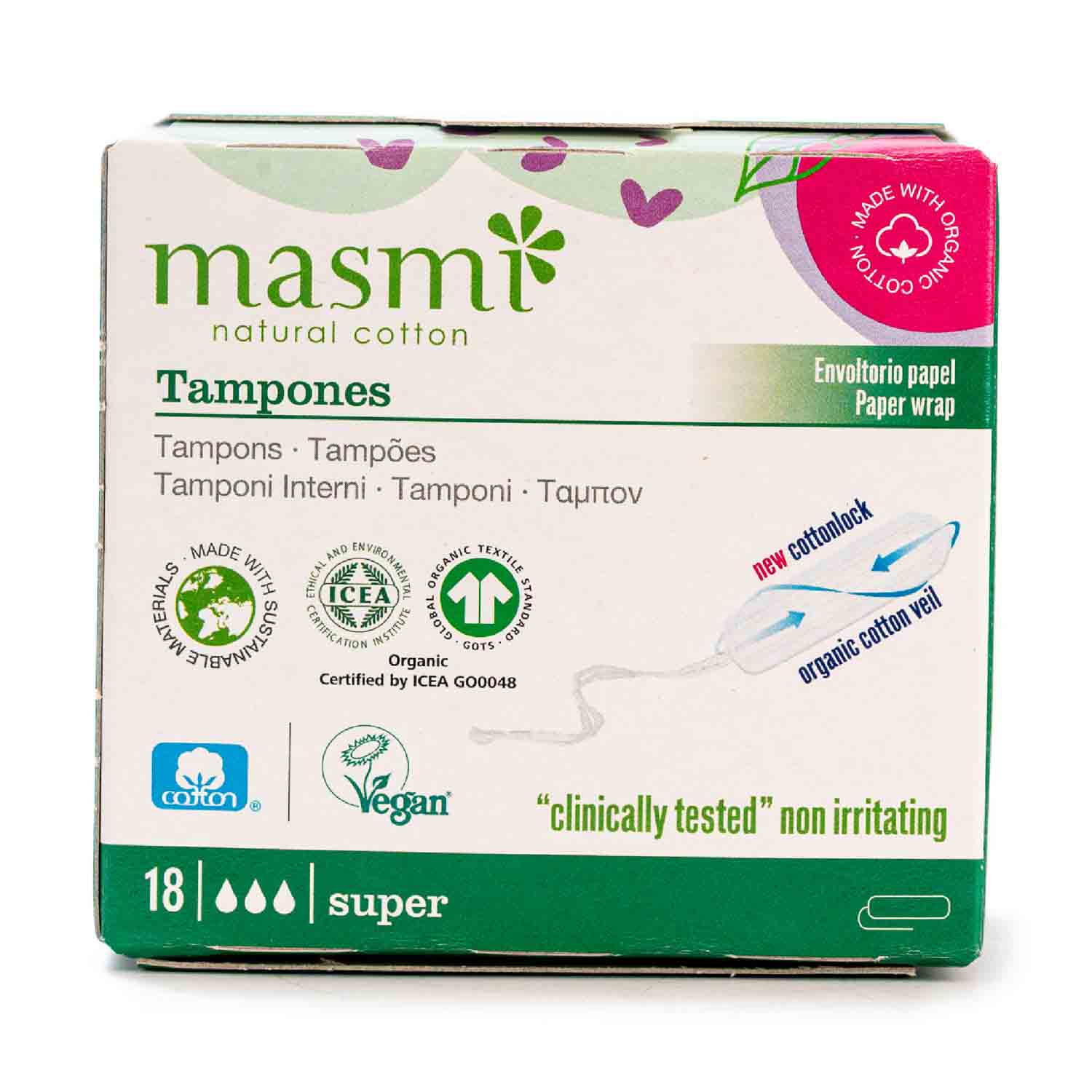 Tampones de Algodón Super sin aplicador 18uds Masmi