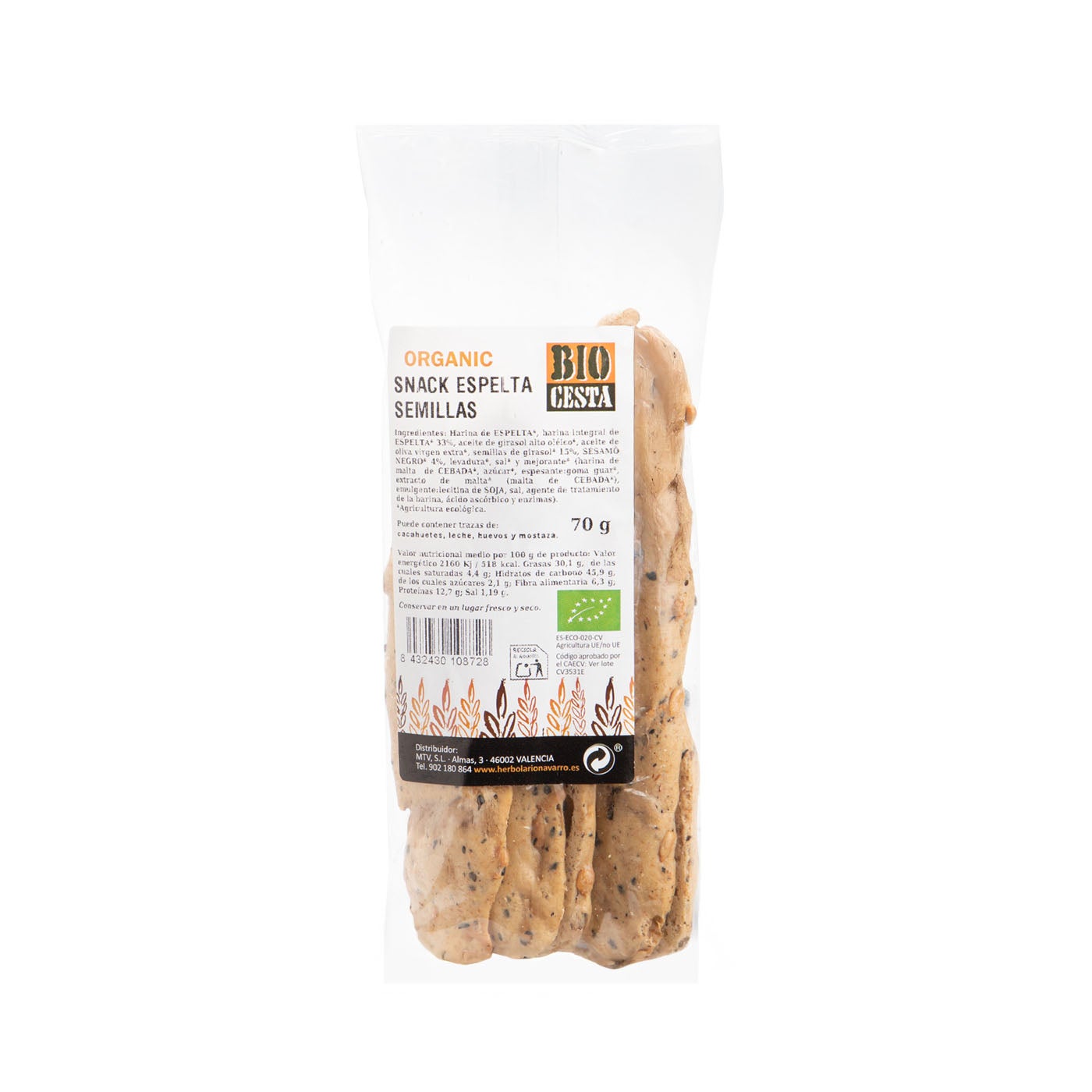 Bio snack de espelta con semillas 70g Bio Cesta