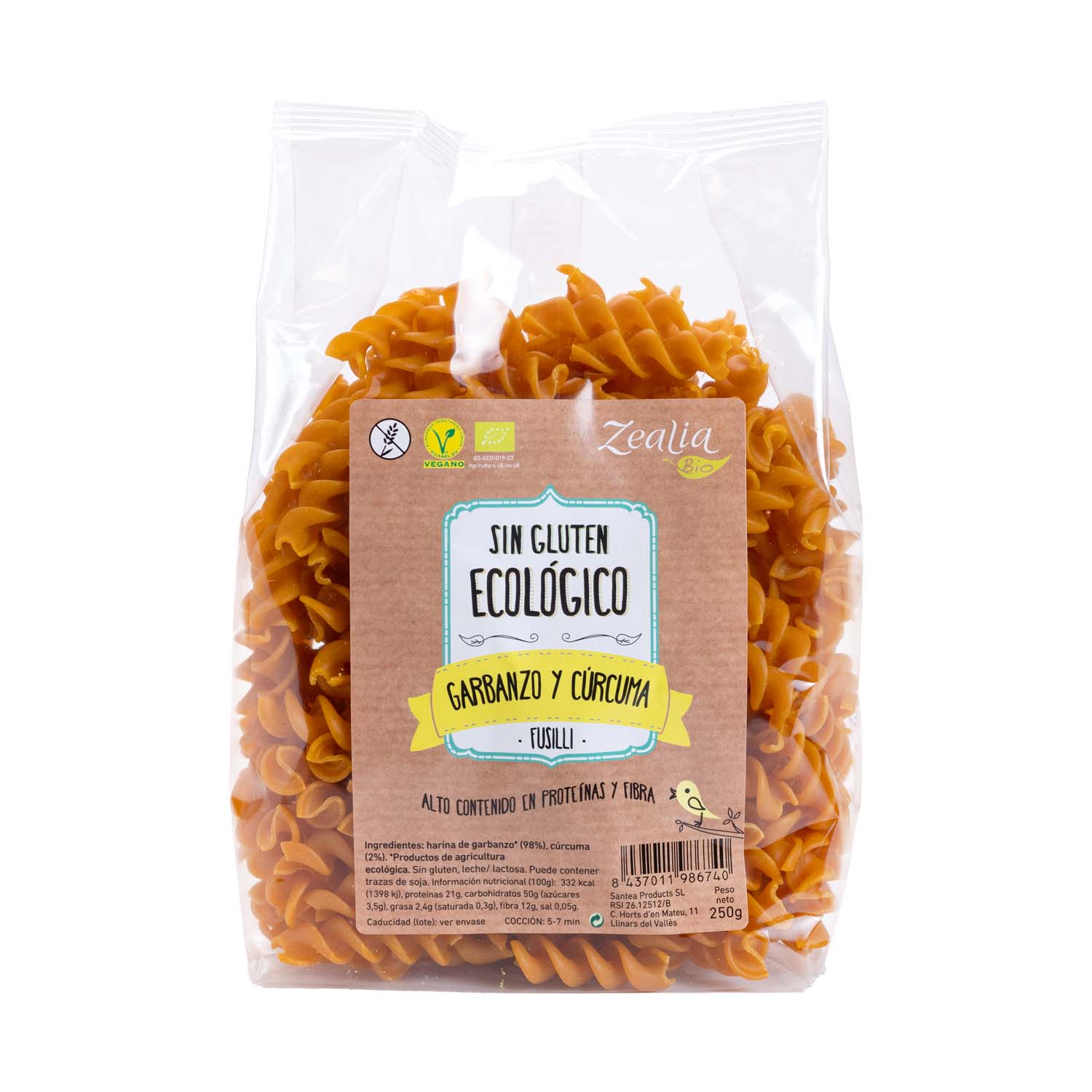 Pasta Fusilli de Garbanzos con Cúrcuma Sin Gluten 250g Zealia