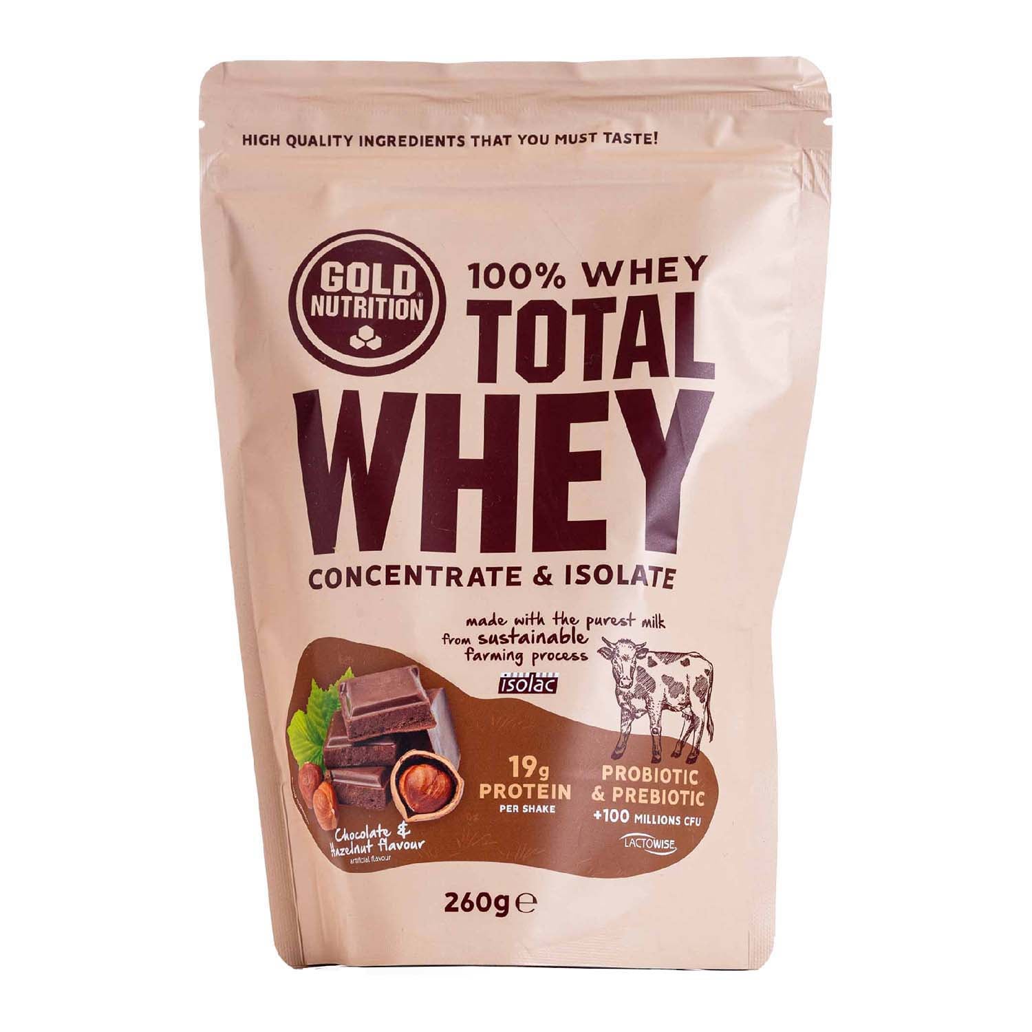Total Whey Proteína de chocolate y avellana 260g Goldnutrition
