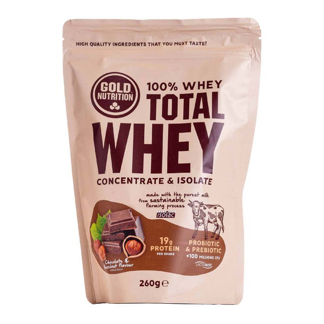 Total Whey Proteína de chocolate y avellana 260g Goldnutrition