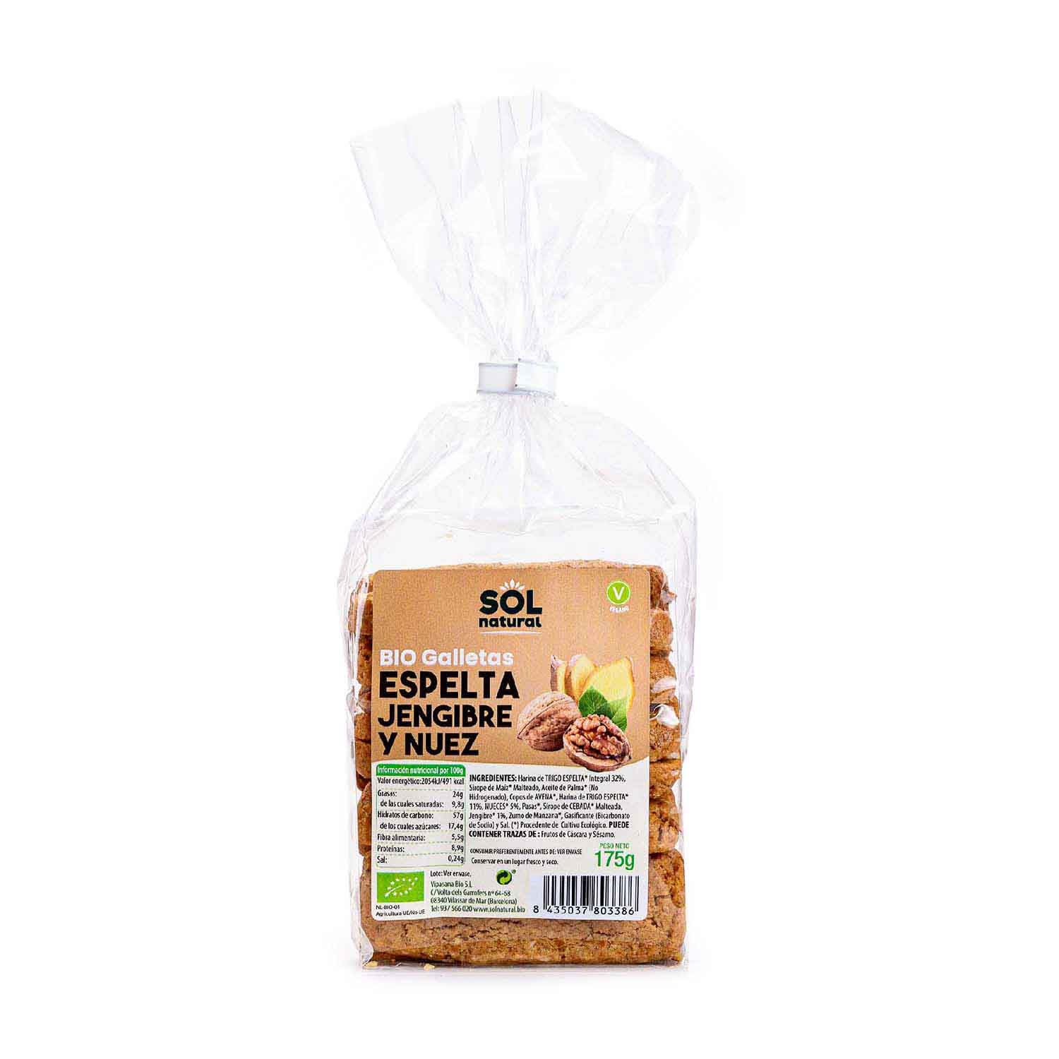 Galletas de espelta con jengibre y nueces 175g Sol Natural