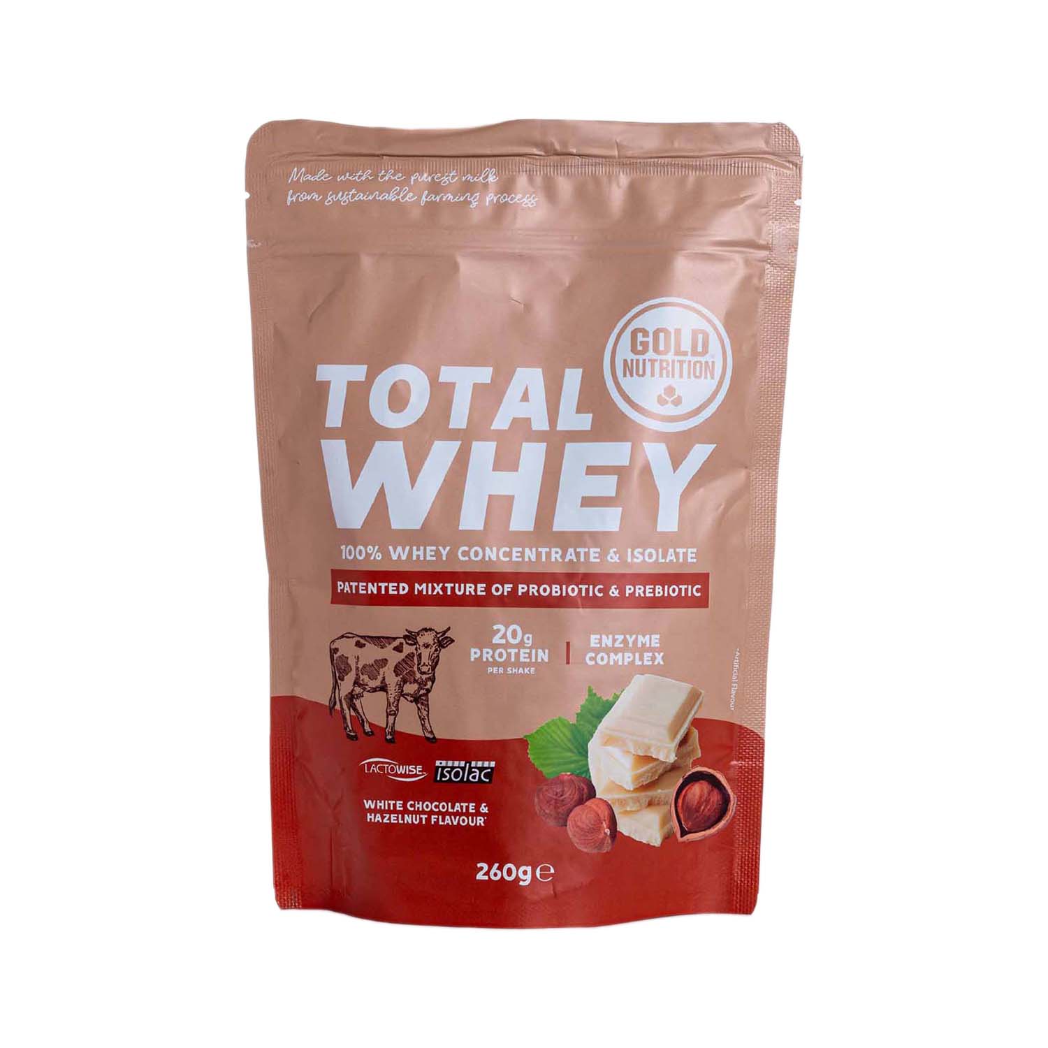 Proteína Total Whey sabor Chocolate Blanco y Avellanas 260g Gold Nutrition