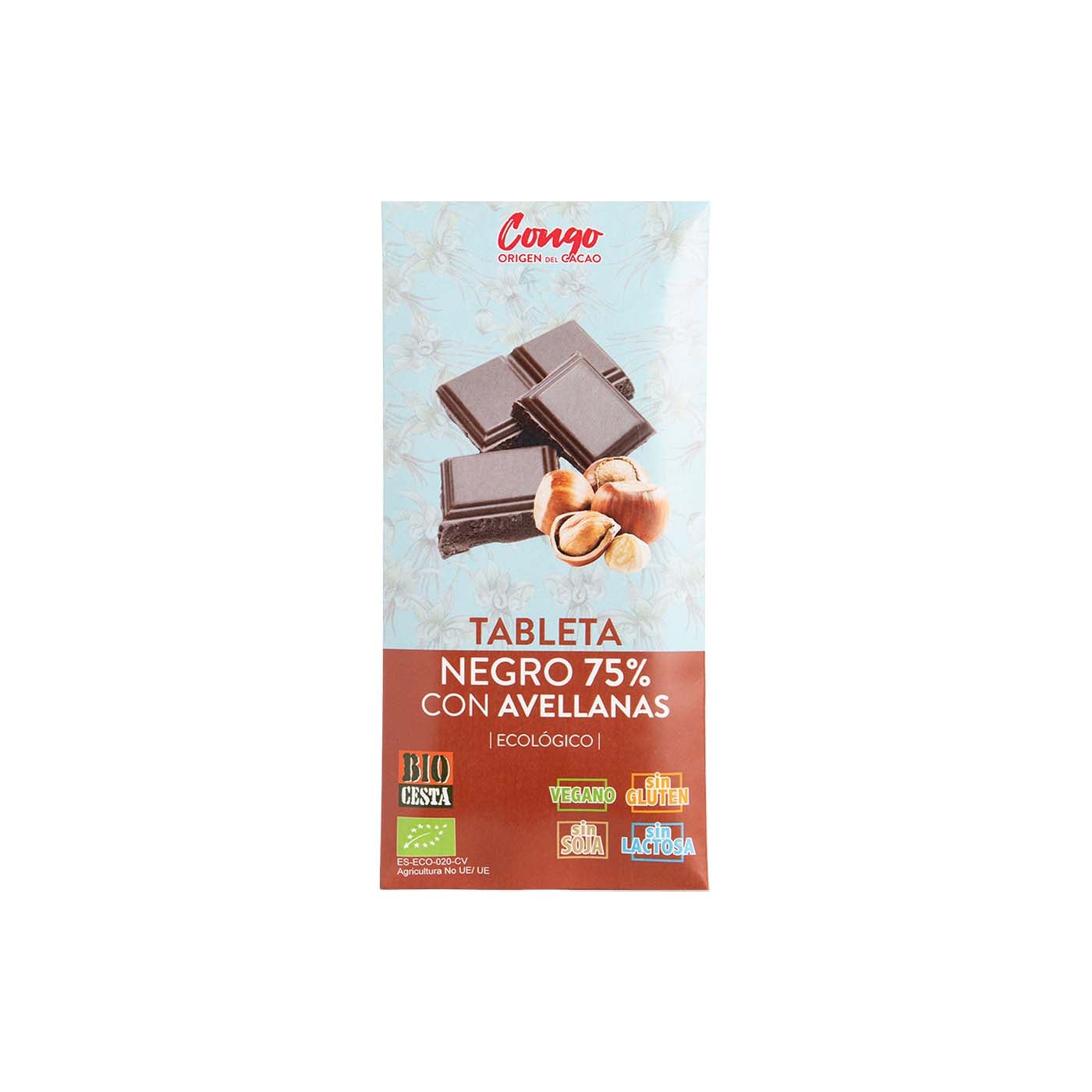 Chocolate Negro 75% Vegano con Avellanas 70g Bio cesta