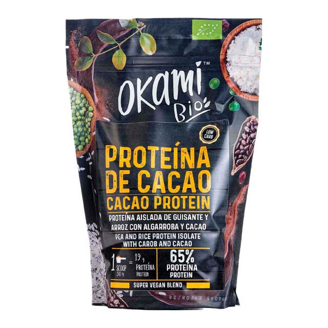 Proteína Vegana de Guisante, Arroz, Cacao y Algarroba 500g Okami Bio