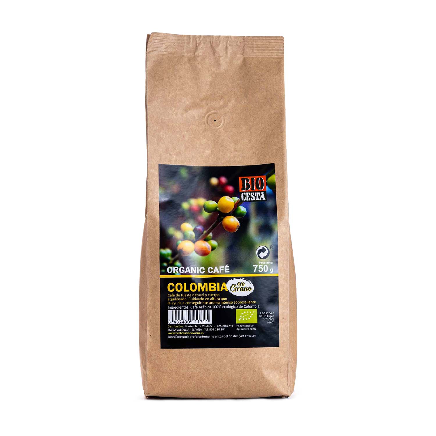 Café en grano Arábica de Colombia 750g Bio Cesta