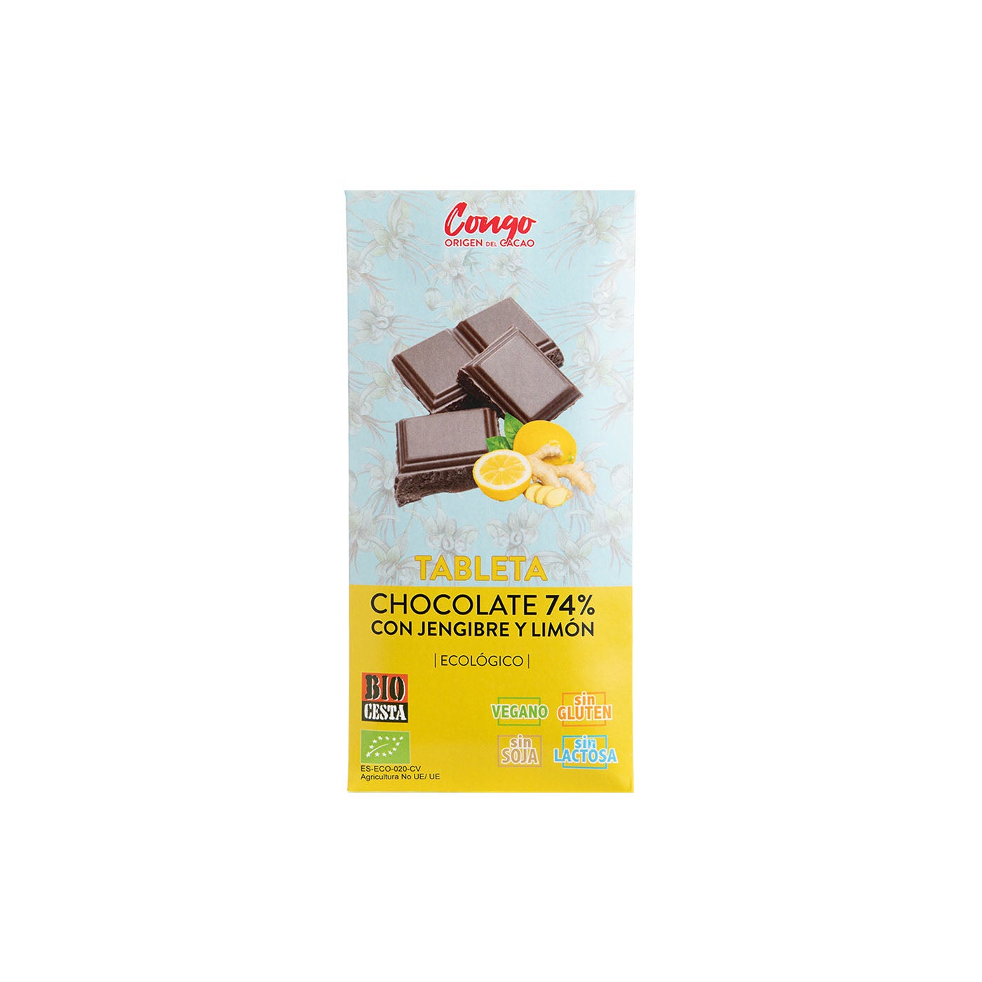 Chocolate Negro 74% Vegano con Jengibre y Limón 70g Bio Cesta