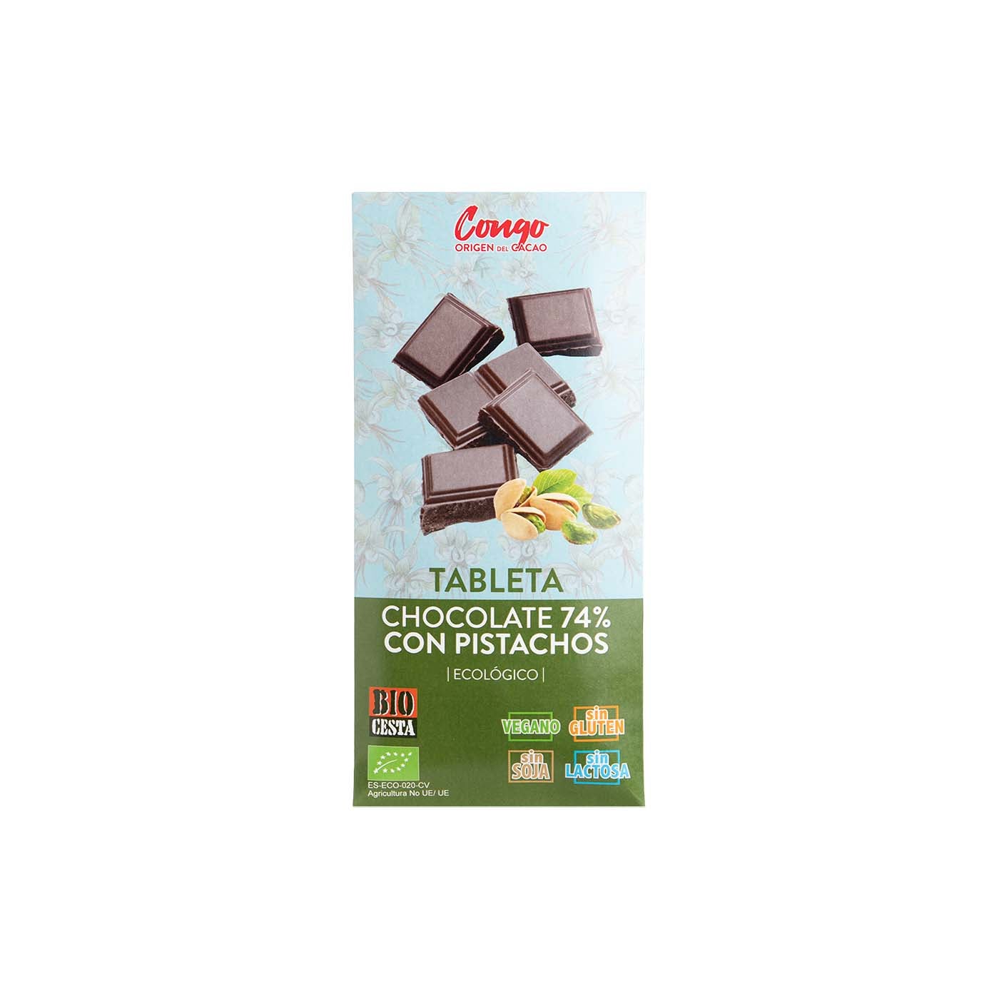 Chocolate Negro 74% Vegano con Pistachos 70g Bio Cesta