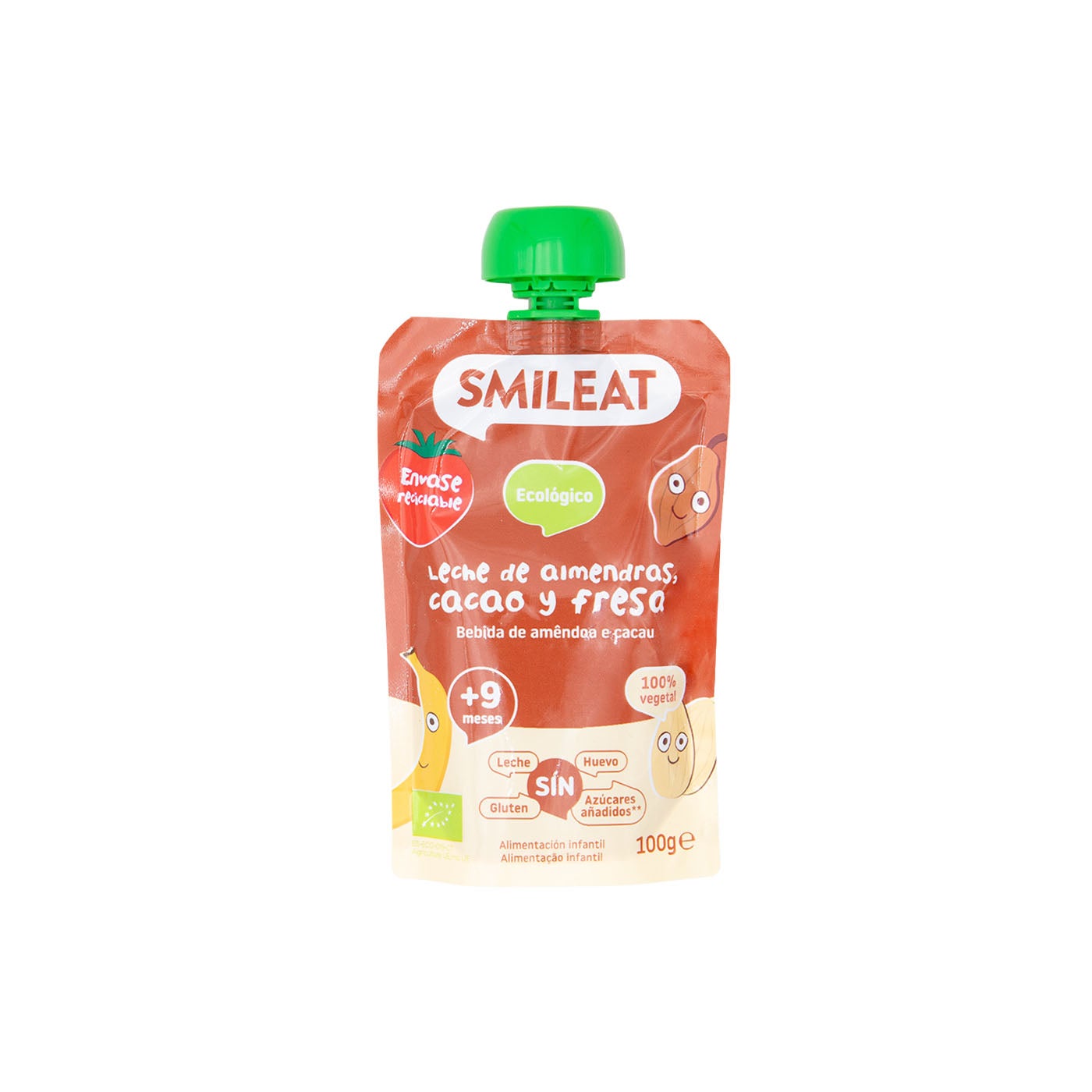 Pouch de leche de almendras, cacao y fresa 100g Smileat