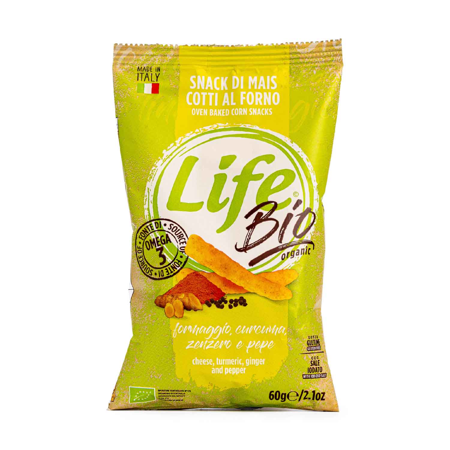 Palitos de Maíz con Cúrcuma Sabor a Queso, Jengibre y Paprika 60g Life Bio