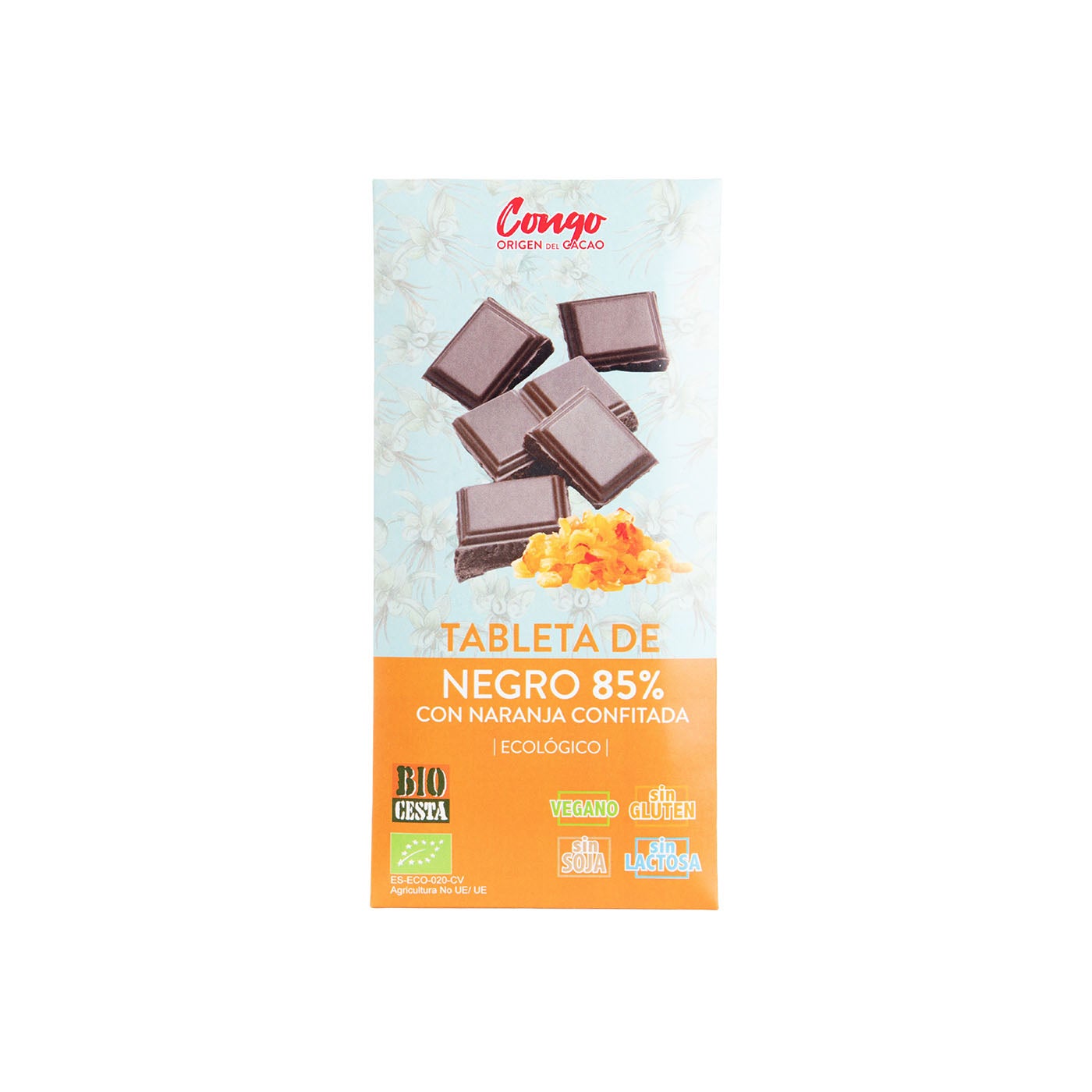 Chocolate Negro 85% Vegano con Naranja Confitada 70g Bio cesta