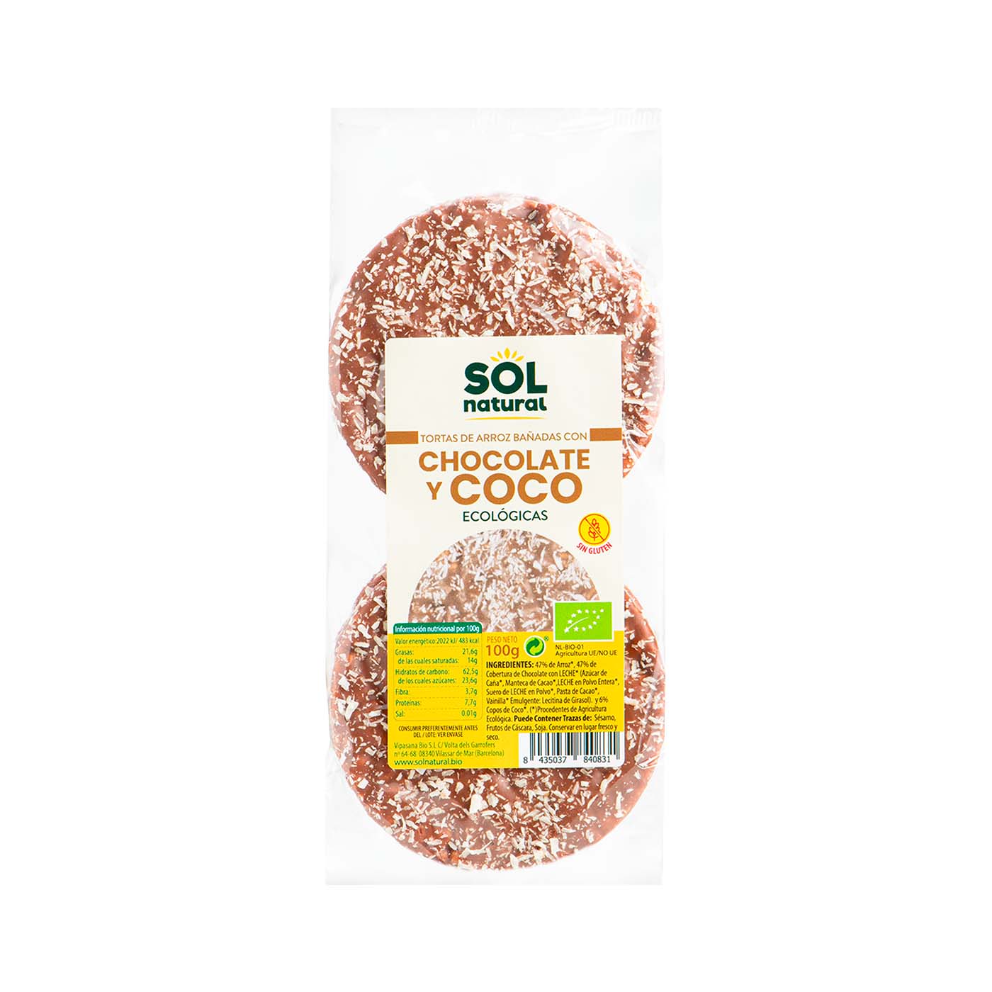Tortitas de Arroz Chocolate con Leche y Coco 100g Sol Natural