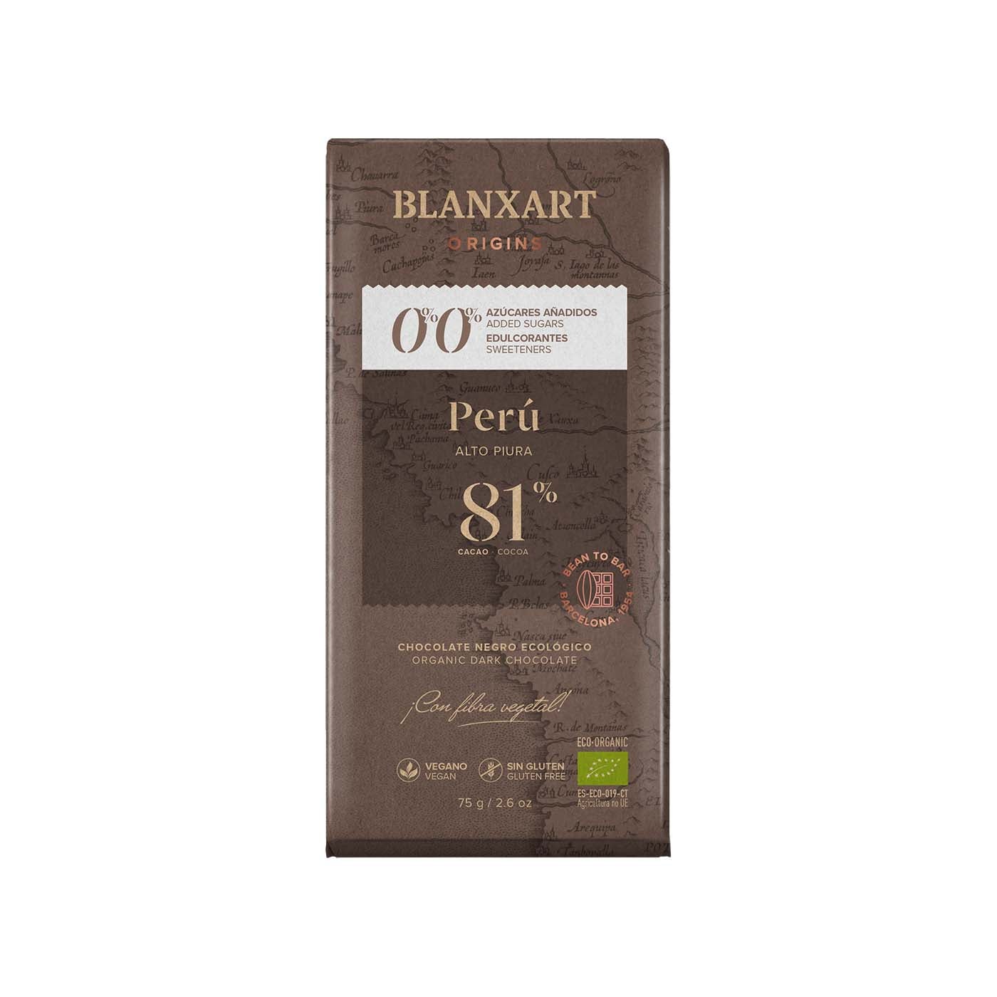 Tableta de Chocolate Perú 81% Cacao sin Azúcar 75g Blanxart