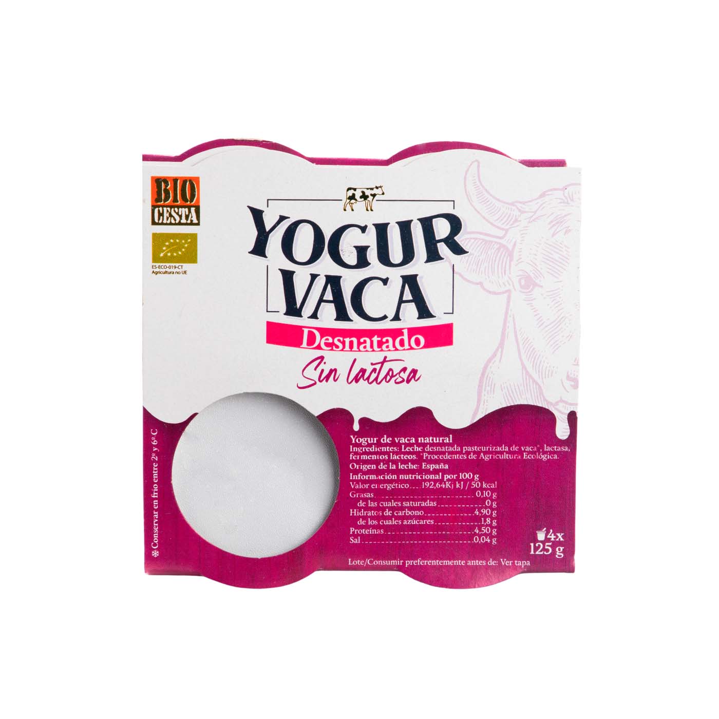 Yogur de vaca desnatado sin lactosa 4uds Bio Cesta