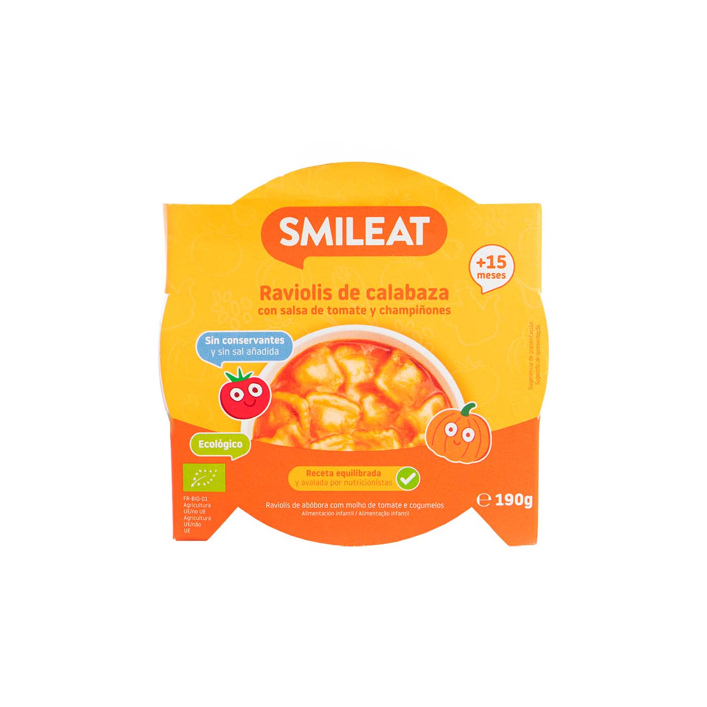 Platito Raviolis Calabaza con Salsa Tomate y Champiñones 190g Smileat