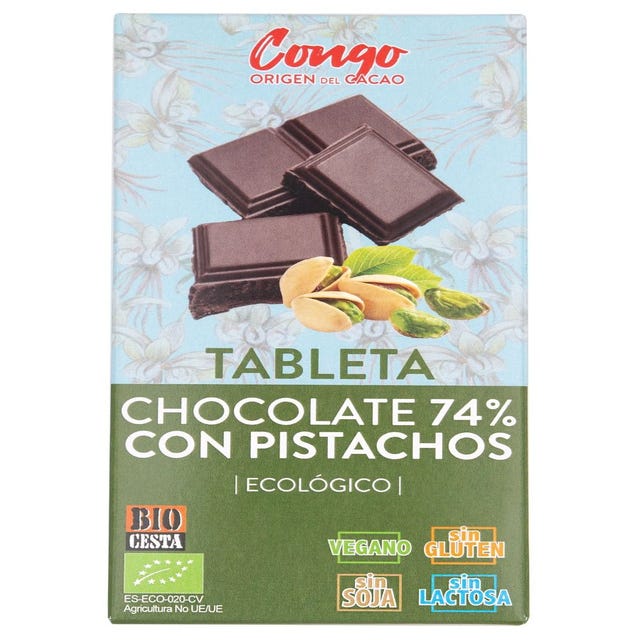 Chocolate Negro 74% Cacao Pistachos 100g Bio Cesta